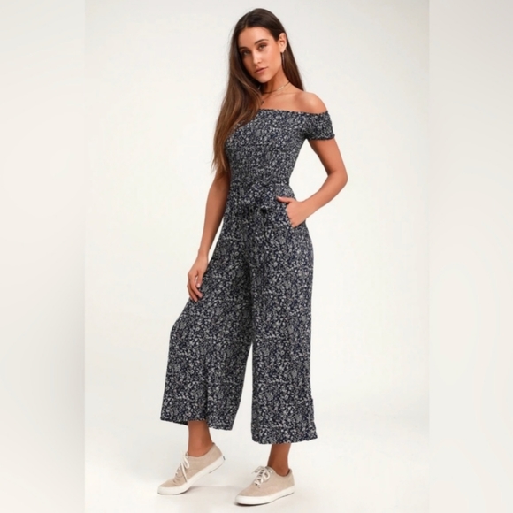 Lulu's Blue Floral Off-shoulder jumpsuit - Picture 1 of 4